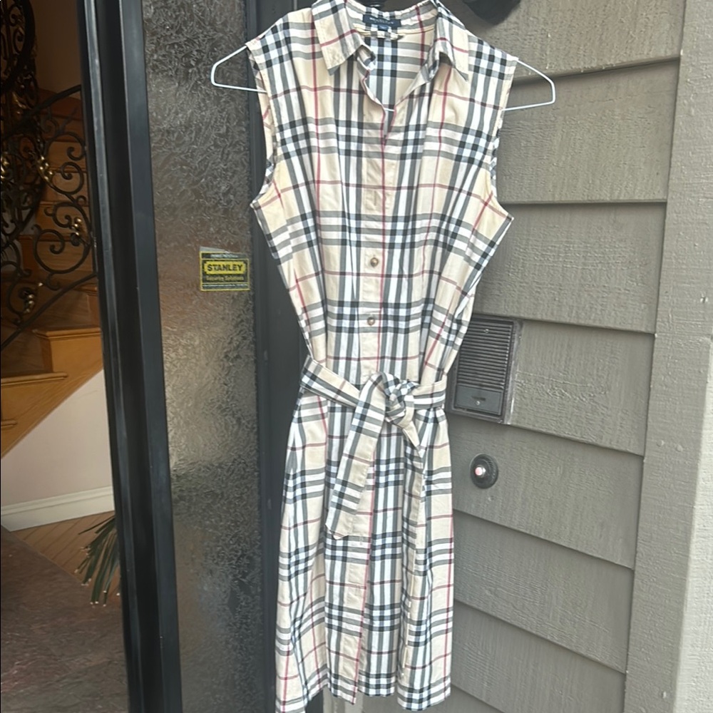 COPY - Burberry Cream and Black Shirt Dress with Tie Front and Notched Collar